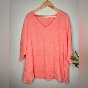 Bryn Walker Linen Tunic Top L Coral Pink Oversized V Neck 3/4 Sleeve Lagenlook